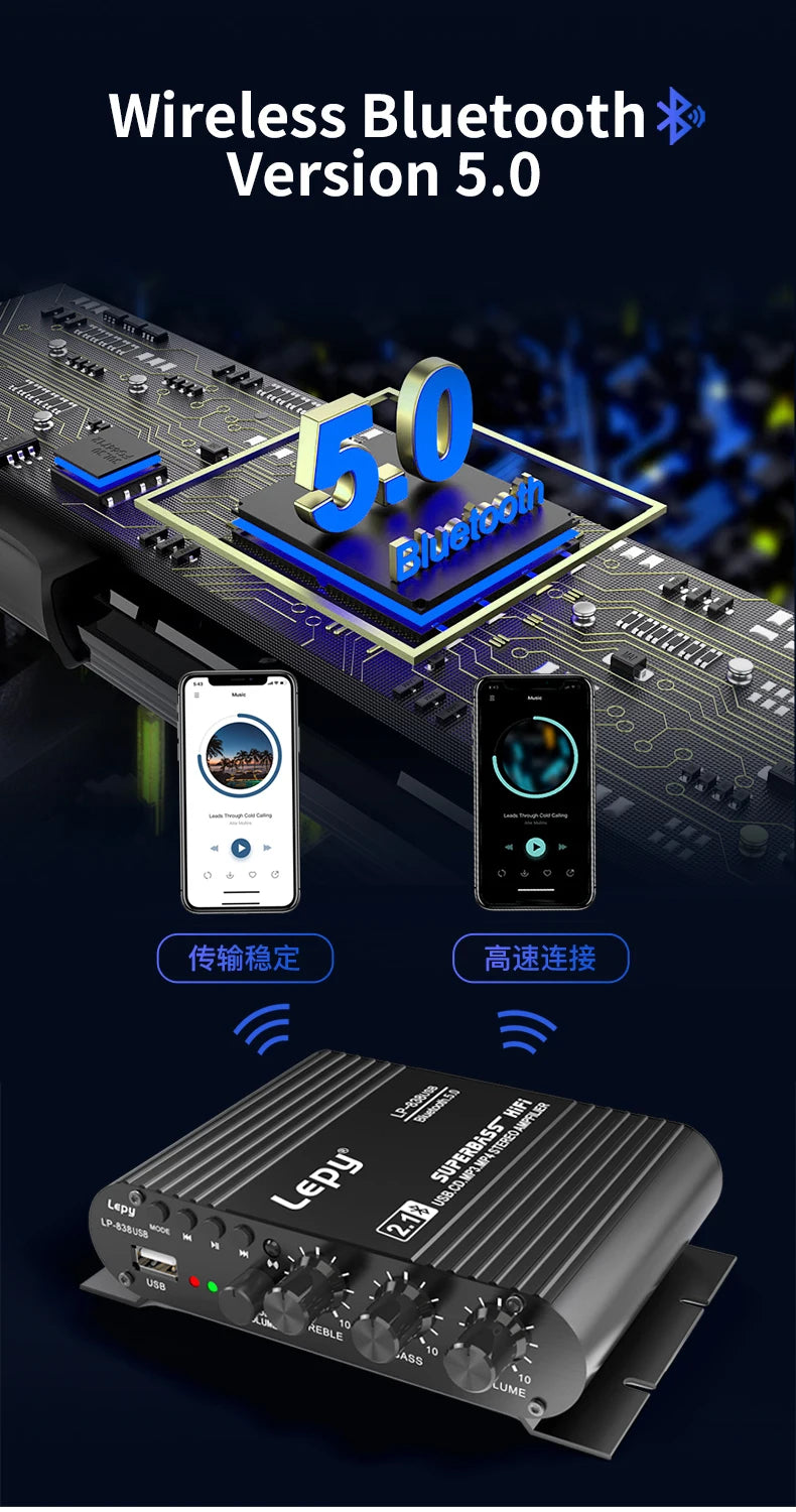 LP-838USB 2.1Channel Amplifier 12V Car Home Amp USB BT Lossless Music Play Digital Audio Amplificador with Remote Control HiFi