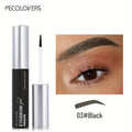 Black eyebrow gel with brush applicator and close-up of defined eyebrow makeup look