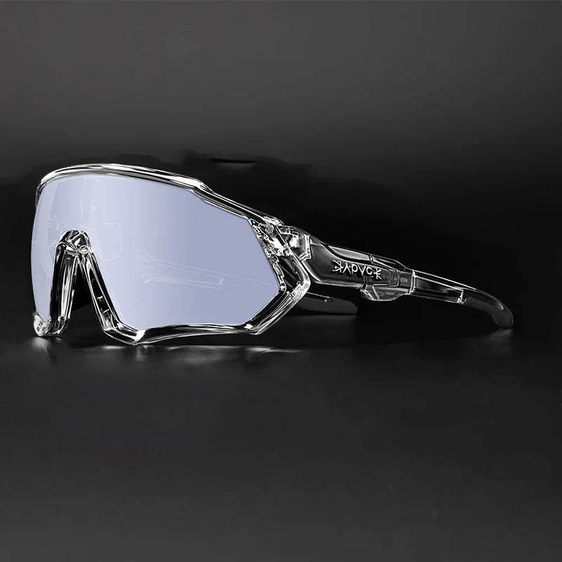Clear frame sports sunglasses with light blue mirrored lens on black background