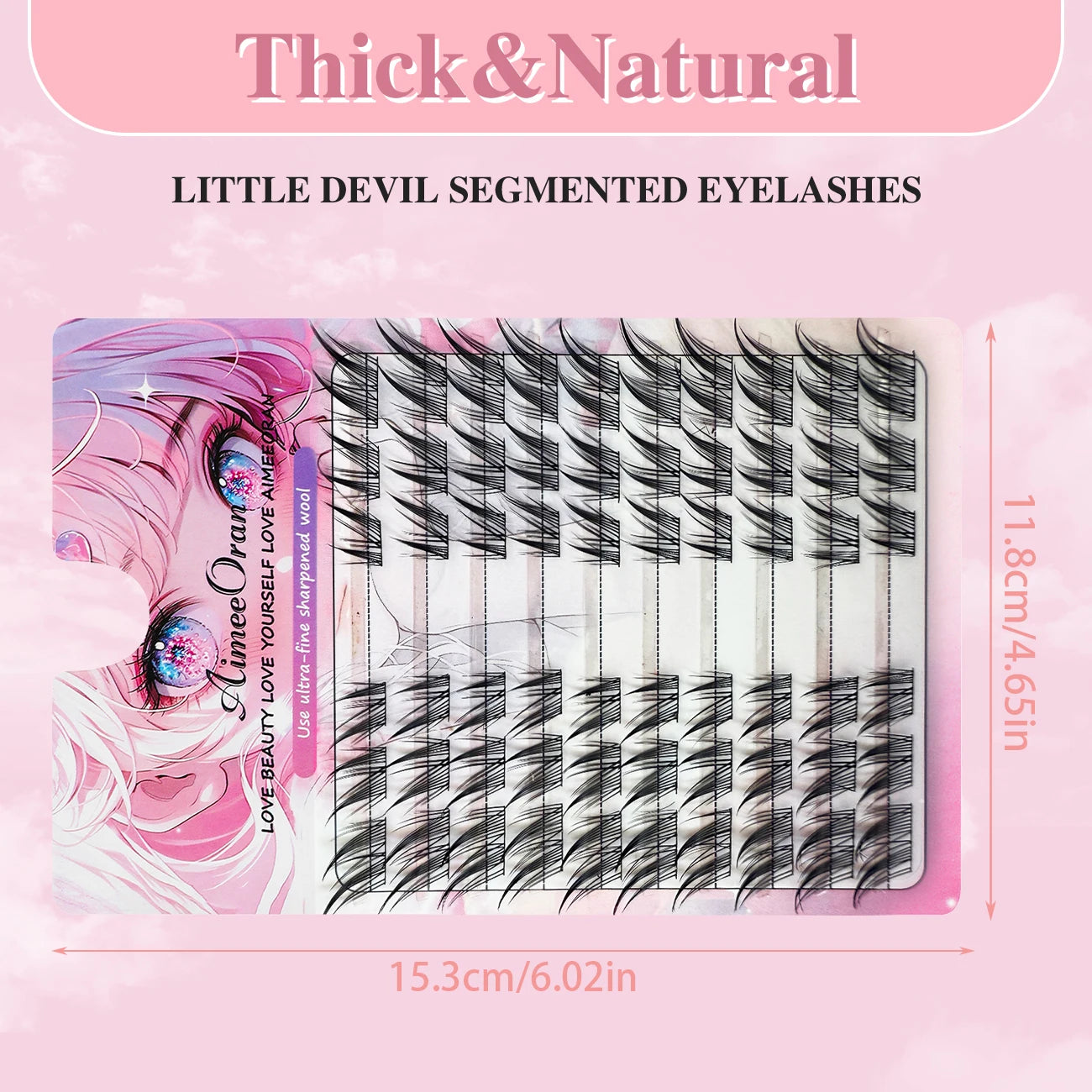 Thick and natural segmented eyelashes set with pink packaging and size dimensions shown.