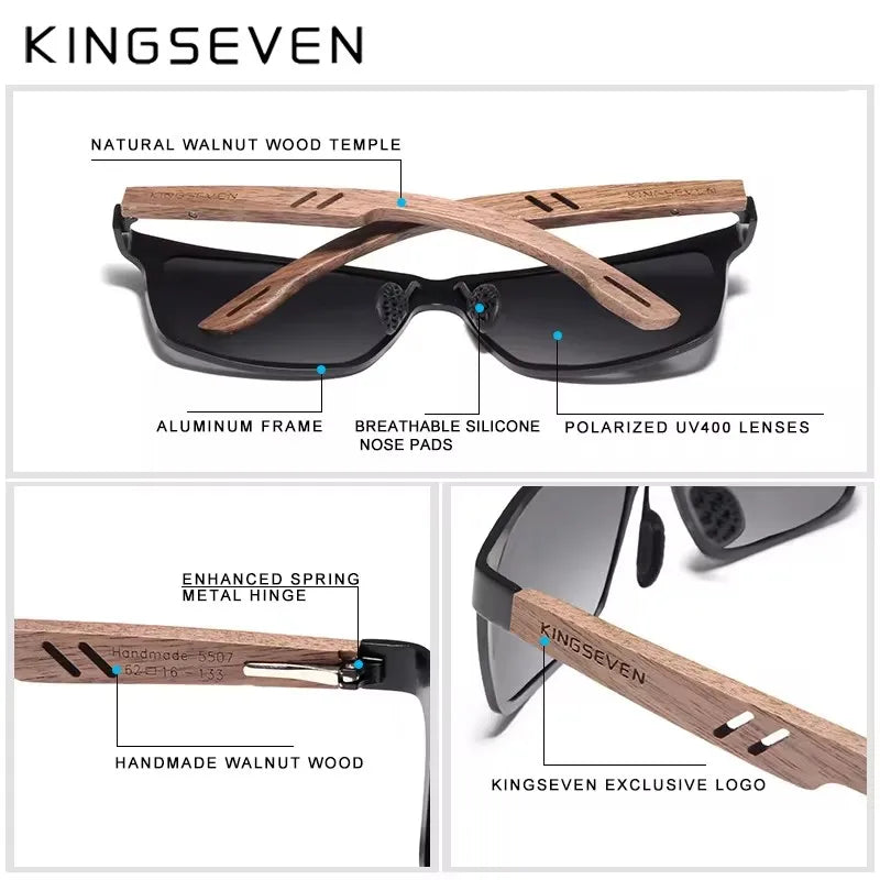 Polarized sunglasses with walnut wood temples, aluminum frame, and silicone nose pads