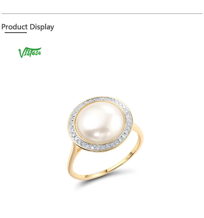 VISTOSO Authentic 14K 585 Yellow Gold Rings For Women Sparkling Diamond Fresh Water Pearl Round Wedding Set Trendy Fine Jewelry