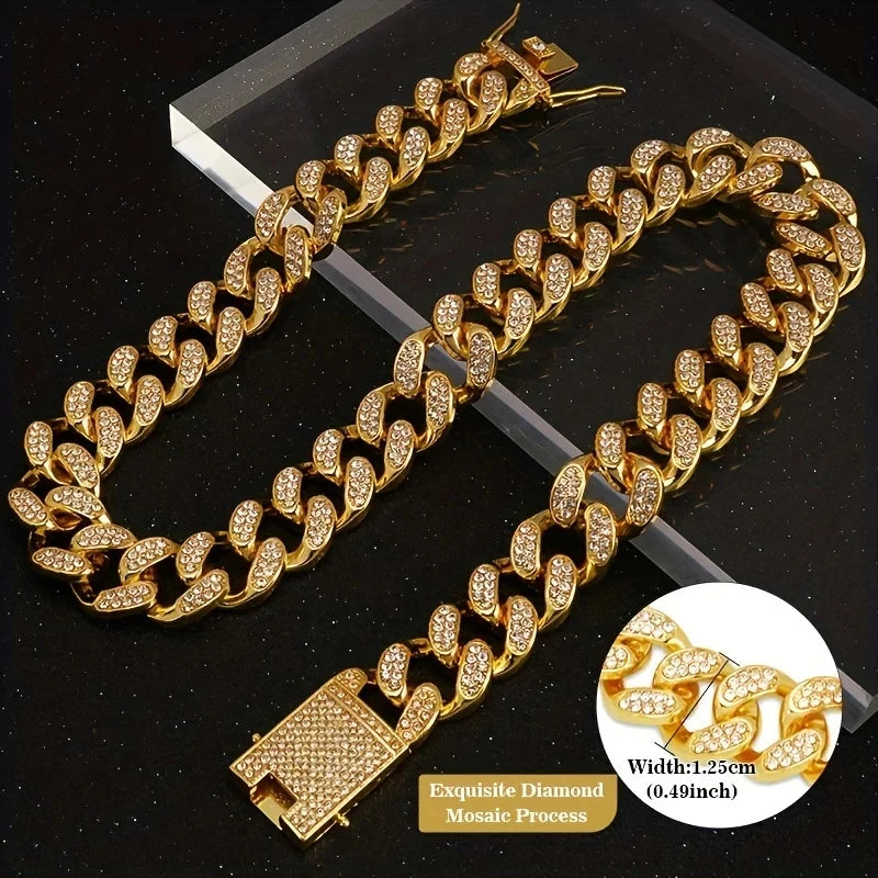 1/2pcs Pet Dog Collar Cat Chain Diamond Walking Metal Chain Collar With Design Secure Buckle Jewelry Accessories Cuban Collar