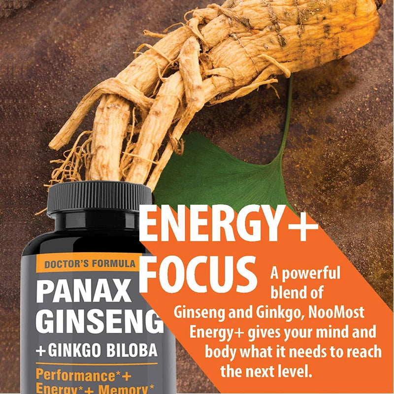 Ginseng + Ginkgo Biloba Supplement, Boosts Energy Focus, Supports Cognitive Athletic Performance & Heart Health, 120 Caps