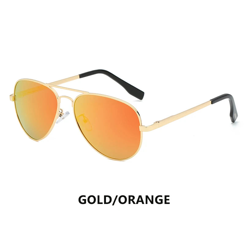 Gold aviator sunglasses with orange mirrored lenses on a white background