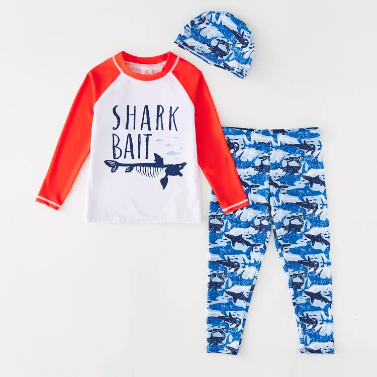 Children's Swimsuit Orange Long Sleeve Rash Guard Kids UPF50 UV Protection Boy's Beach Clothes Shark Swimming Bathing Suit Kids