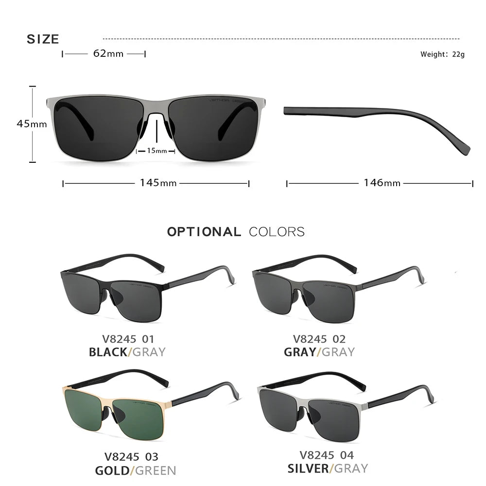 Men's square polarized sunglasses in black, gray, gold, and silver frames with size dimensions.