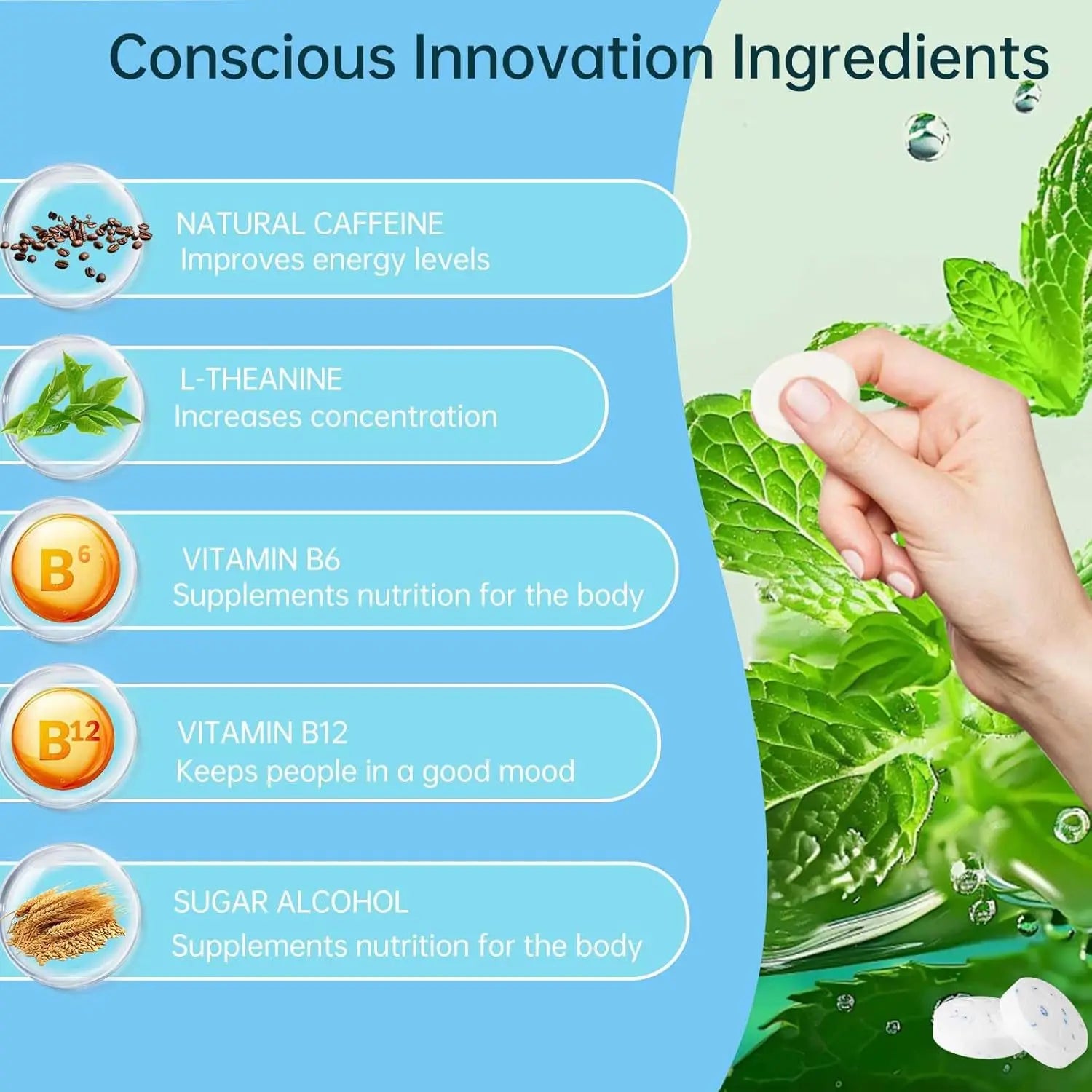 Sugar-Free Mint Tablet Candy Boost Your Energy and Focus Long Lasting Chew Improve Energy And Attention Caffeine Gum