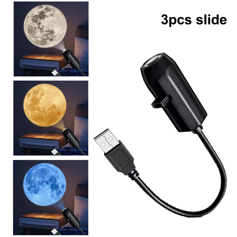 USB night light projector with three moon color options for bedroom decor
