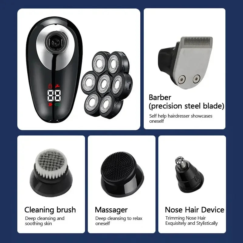 5 In 1 Electric Shaver For Men Bald Head Hair Clipper Nose Trimmer 7D Floating Blade Head Shaving Beard Knife Rechargeable Razor