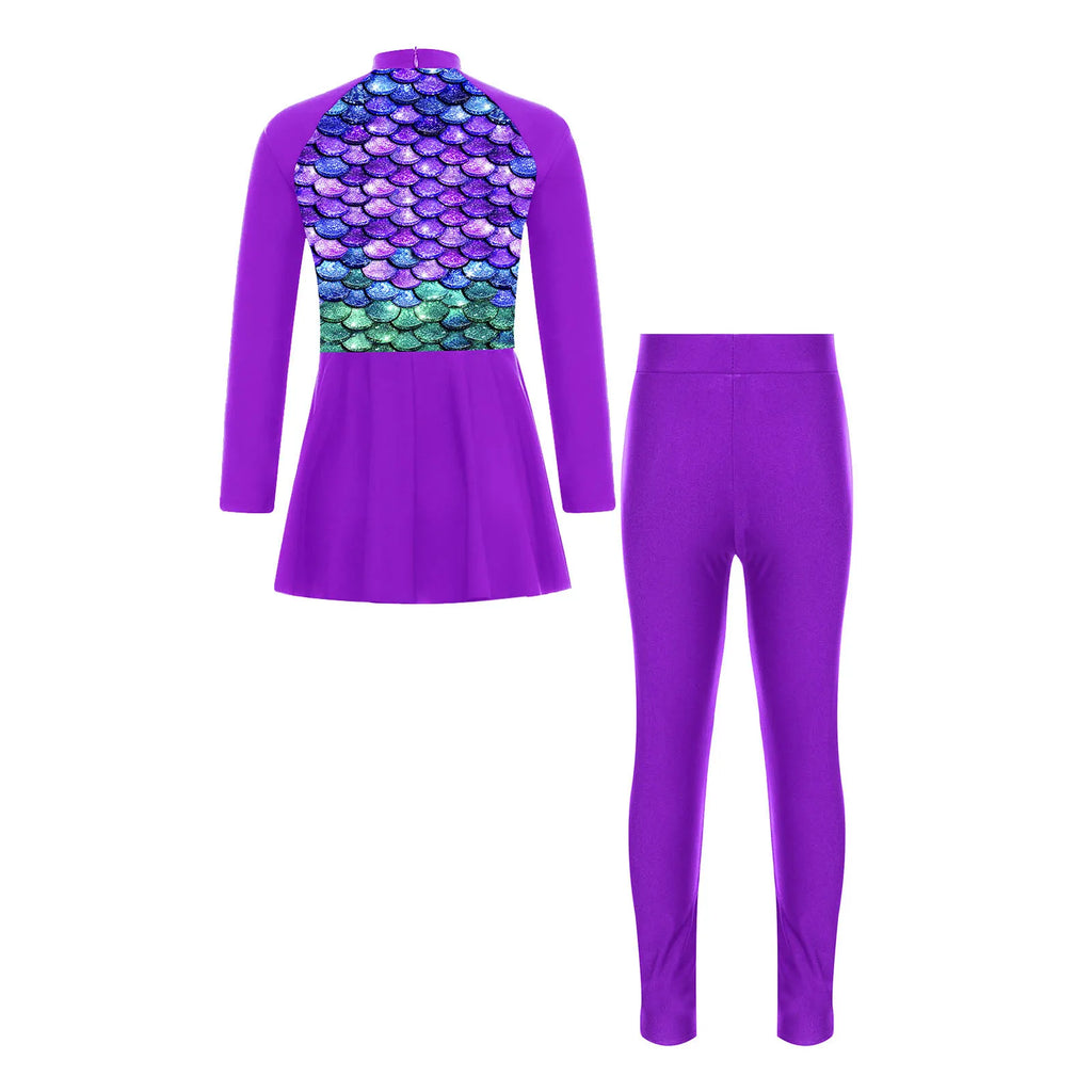 Girls Swimsuits 2 Piece Rash Guard Set UPF 50 Sun Protection Long Sleeve Swim Dress with Leggings Kids Full Body Cover Beachwear