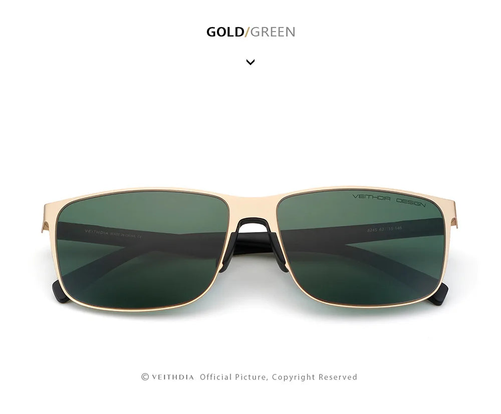 Gold frame sunglasses with green lenses, modern square design, men's eyewear accessory
