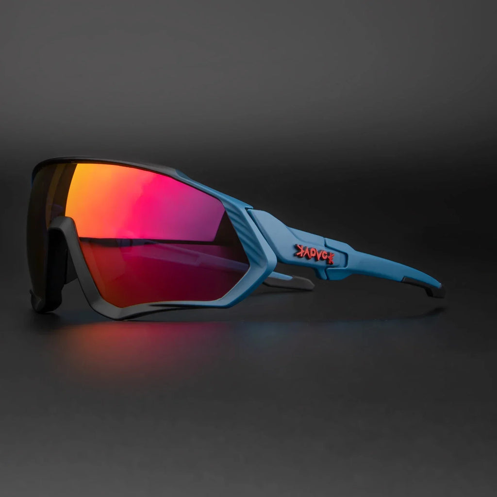 Sporty blue sunglasses with red mirrored lenses on dark background