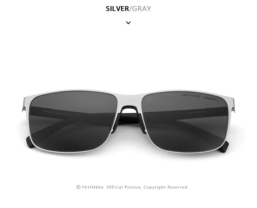 Silver frame square sunglasses with dark gray lenses, modern men's eyewear on white background
