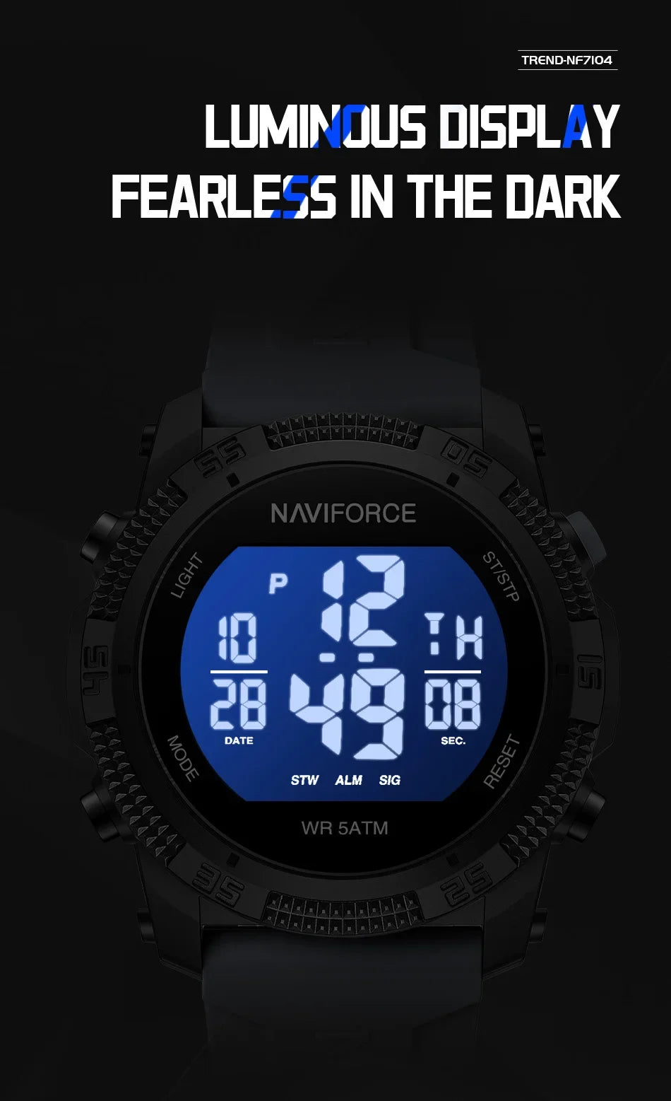 NAVIFORCE NF7104 Men's LCD Digital Leisure Date and Week Alarm Clock Waterproof Silicone Strap Electronic Premium Watch