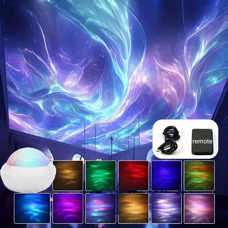 LED galaxy projector night light with remote and USB cable, displays colorful sky effects on ceiling.