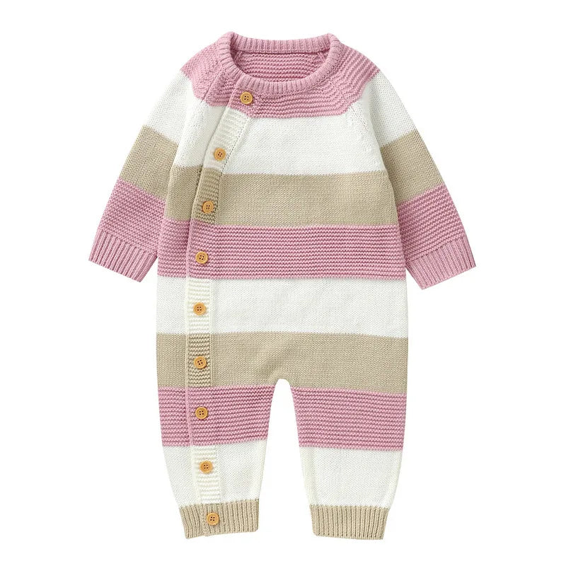 0 to 18 Months Baby Girl Boy Sweater Romper Autumn Winter Clothes Striped Crew Neck Long Sleeve Full Length Jumpsuit