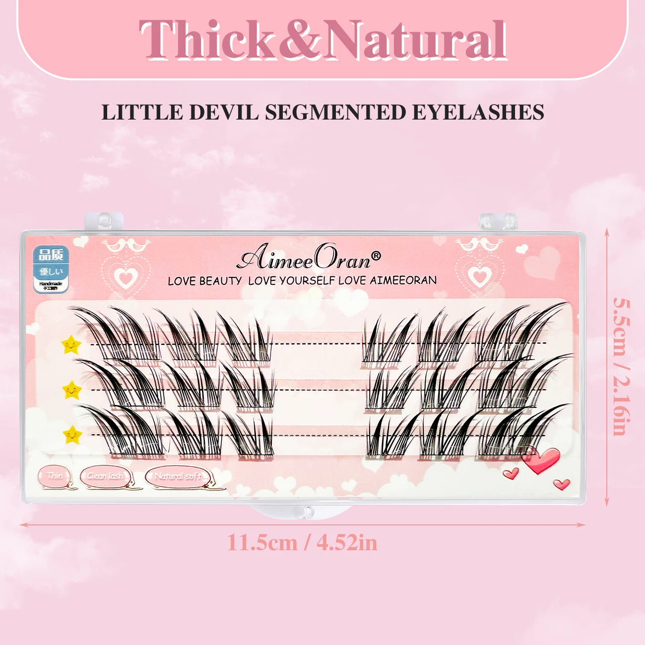 Segmented false eyelashes set in pink box, labeled thick and natural, with measurements.