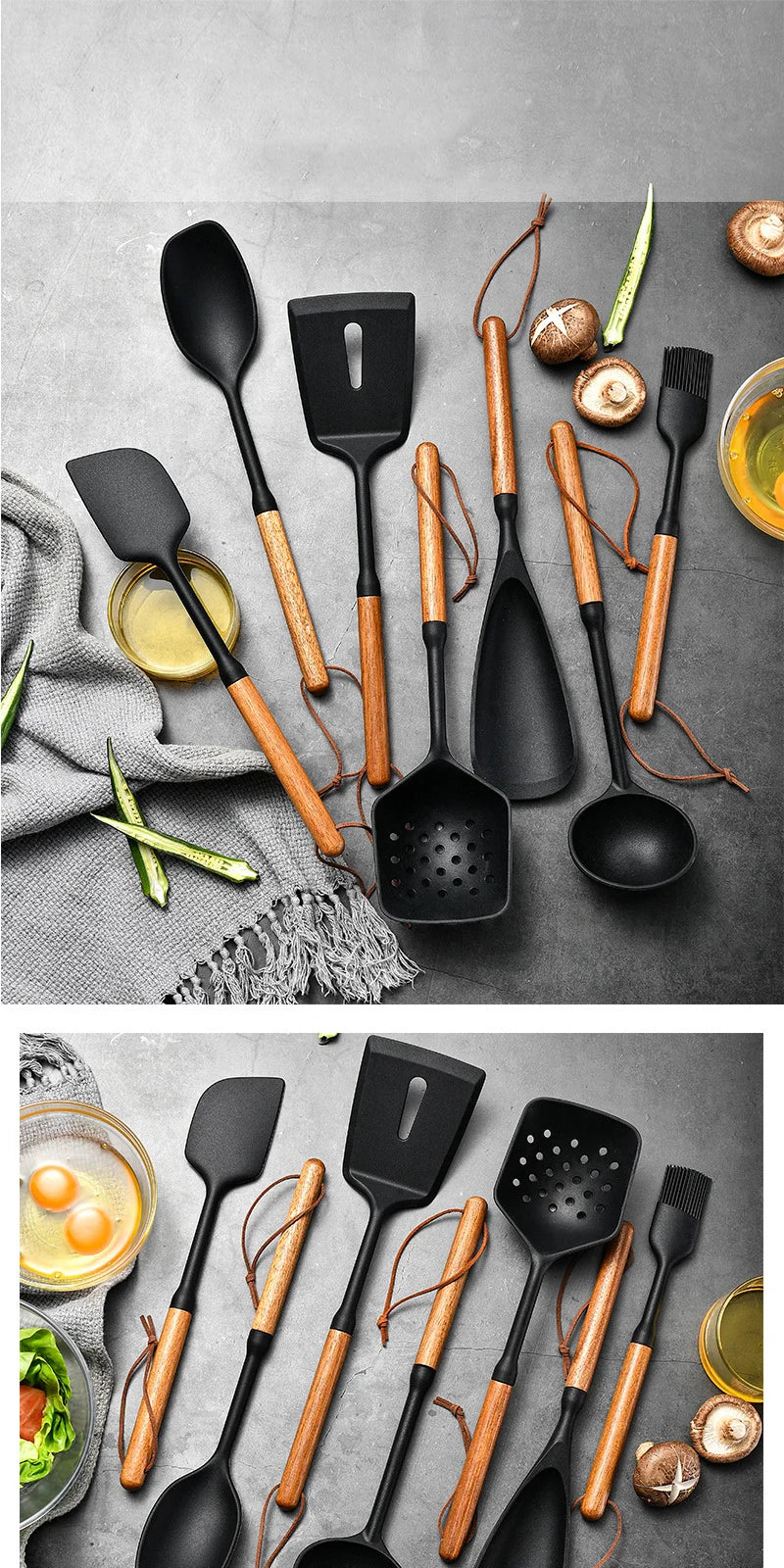1/7Pcs Black Food Grade Silicone Kitchen Cookware Utensils Spatula Spoon Oil Brush Practical Cooking Tool Kitchenware Set