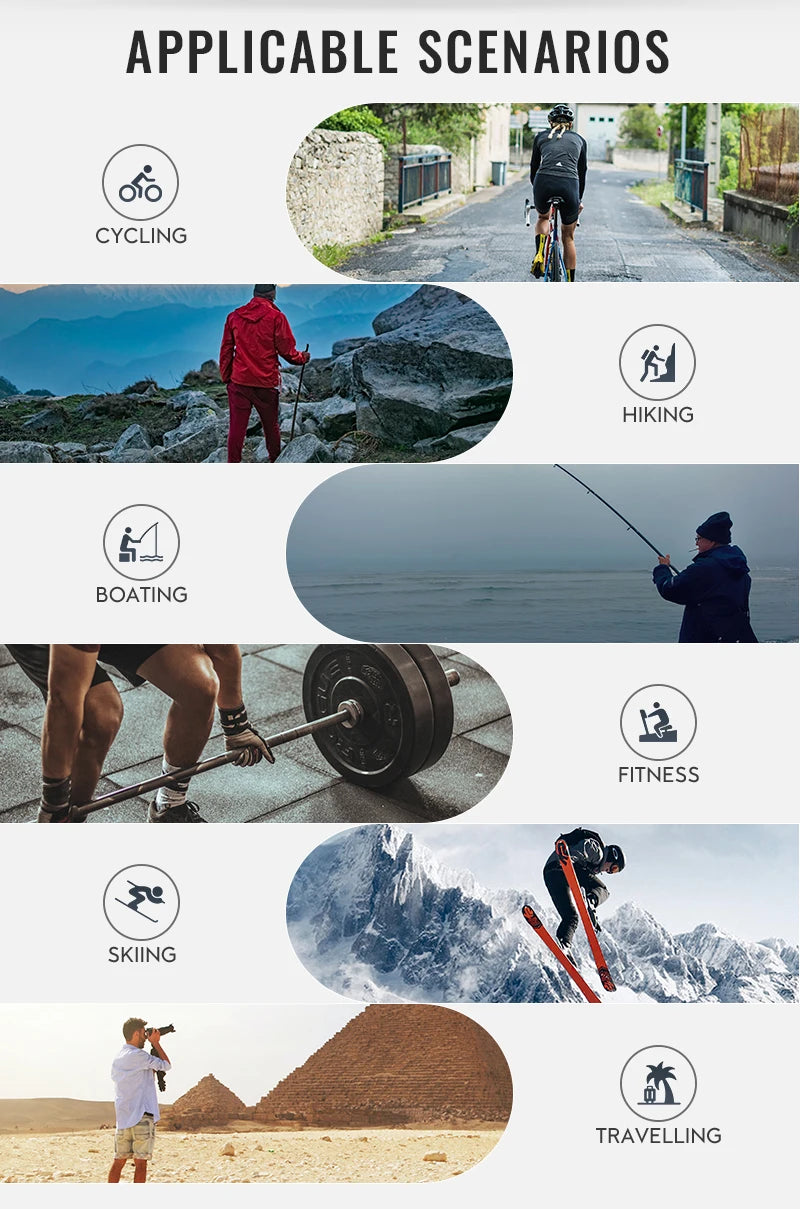 Collage of cycling, hiking, boating, fitness, skiing, and travel activities outdoors