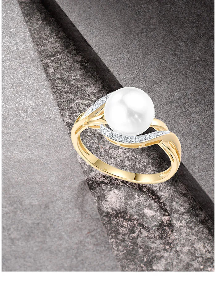 VISTOSO Genuine 14K 585 Yellow Gold Ring For Women Sparkling Diamonds Fresh Water Pearl Delicate Party Fashion Fine Jewelry