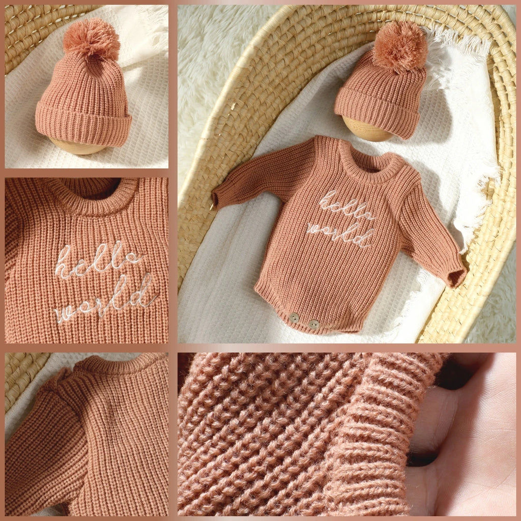 Hello World Knitting Newborn Photography Romper with Matching Pomp Hat Baby Boy Girl Sweater Outfits for Photo Shooting
