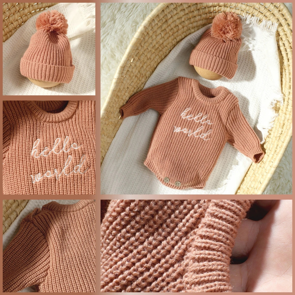 Hello World Knitting Newborn Photography Romper with Matching Pomp Hat Baby Boy Girl Sweater Outfits for Photo Shooting