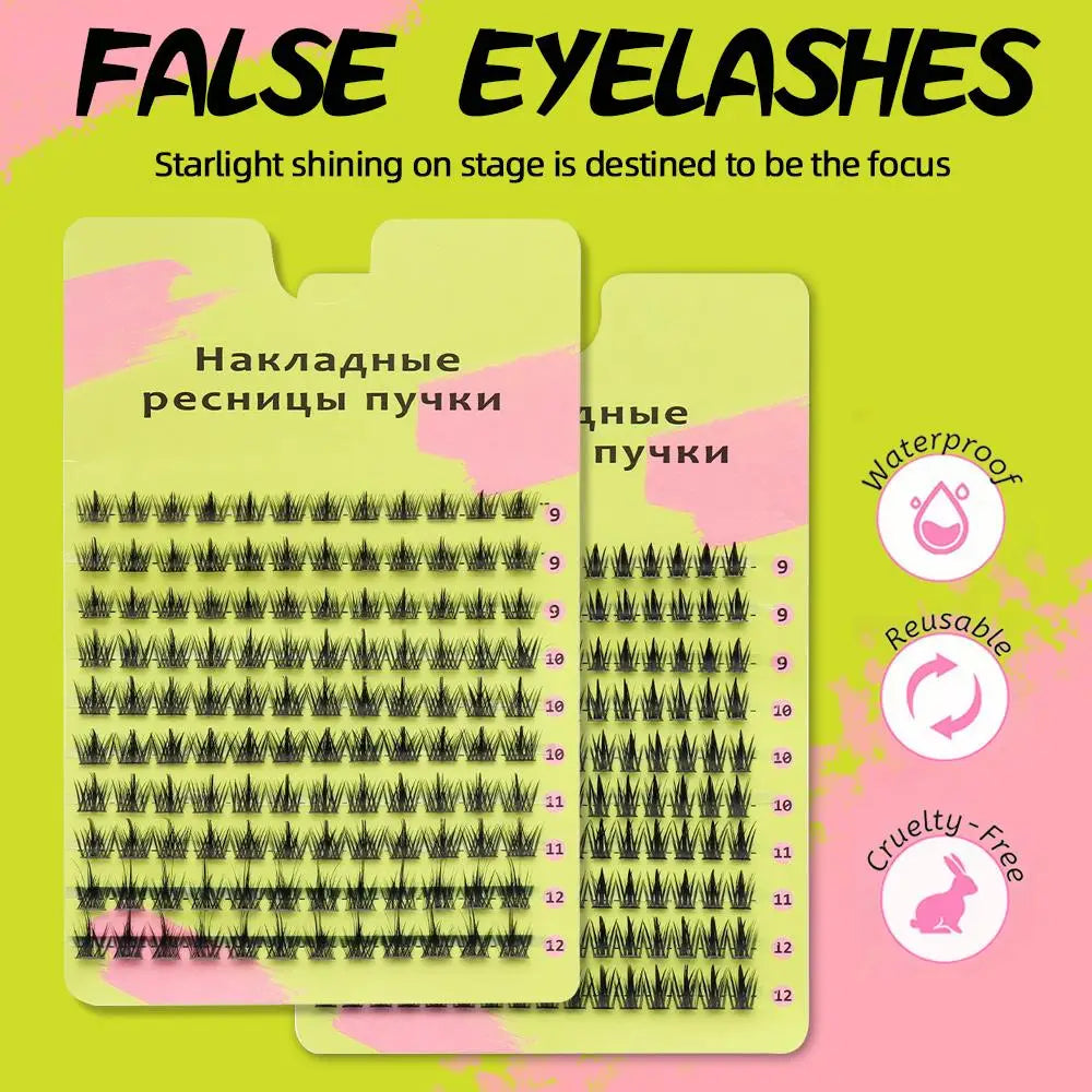 Pack of false eyelashes with waterproof, reusable, cruelty-free features on yellow background.