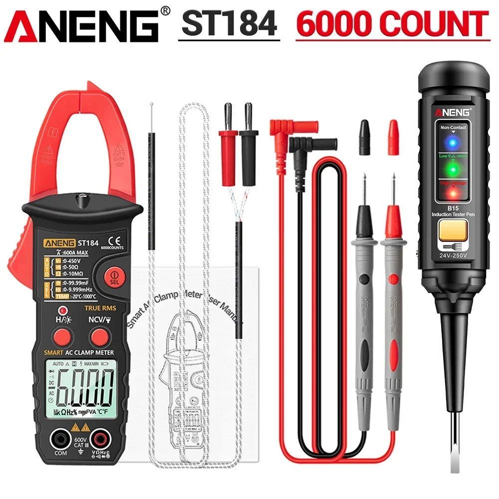 ANENG ST184 Digital Multimeter Clamp Meter True RMS Voltage Current Ohm Test+B15 Induction Tester Pen Electrician Detection Tool