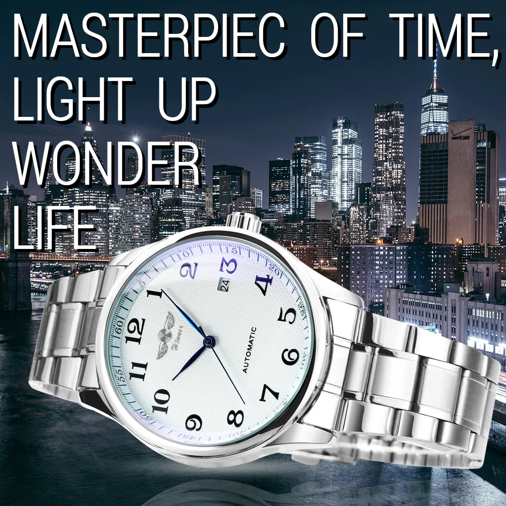 Winner Classic Business Watch for Men Retro Calendar Blue Hands Automatic Mechanical Watches Top Brand Luxury Steel Leather Belt