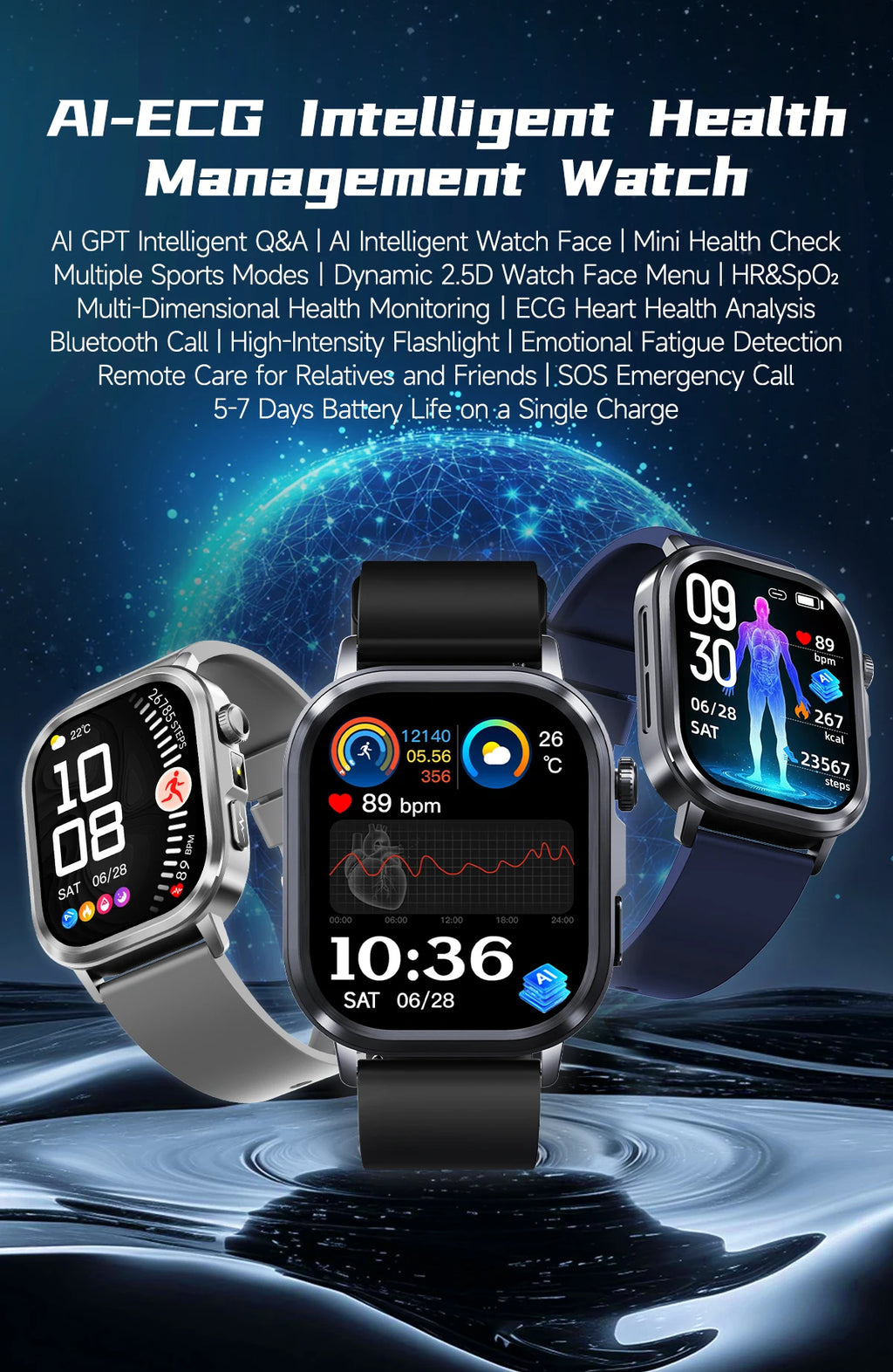 New Accurate Blood Pressure Smart Watch Uric Acid ECG+PPG Blood Oxygen Body Analysis Body Fat LED Flashlight smart watches 2025