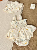 MILANCEL New Summer Baby Bodysuit 3-18M Sweet Bow Infant Girls Straps Jumpsuit +Hat Cotton Thin Toddler One Piece