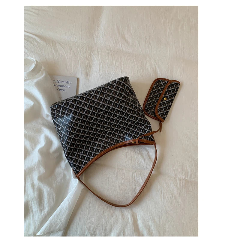 Large Capacity Women's Shoulder Bag Fashionable Commuter Tote Bag Soft PU Leather Printed Geometric Pattern Autumn New Arrival