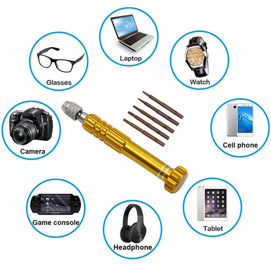 Watch Repair Screwdriver Handle 5 in 1 Alloy Magnetic Disassemble Open Repair Screwdriver Tool Set for Cell Phones Eletronic Dev