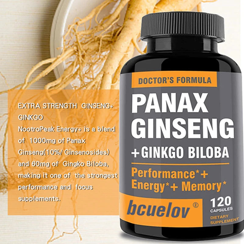 Ginseng + Ginkgo Biloba Supplement, Boosts Energy Focus, Supports Cognitive Athletic Performance & Heart Health, 120 Caps
