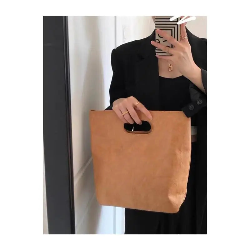 Retro Commuter Large Capacity Women's Tote Bag Kraft Paper Handbag Washable Simple Ins Style Casual Fashion Handbag