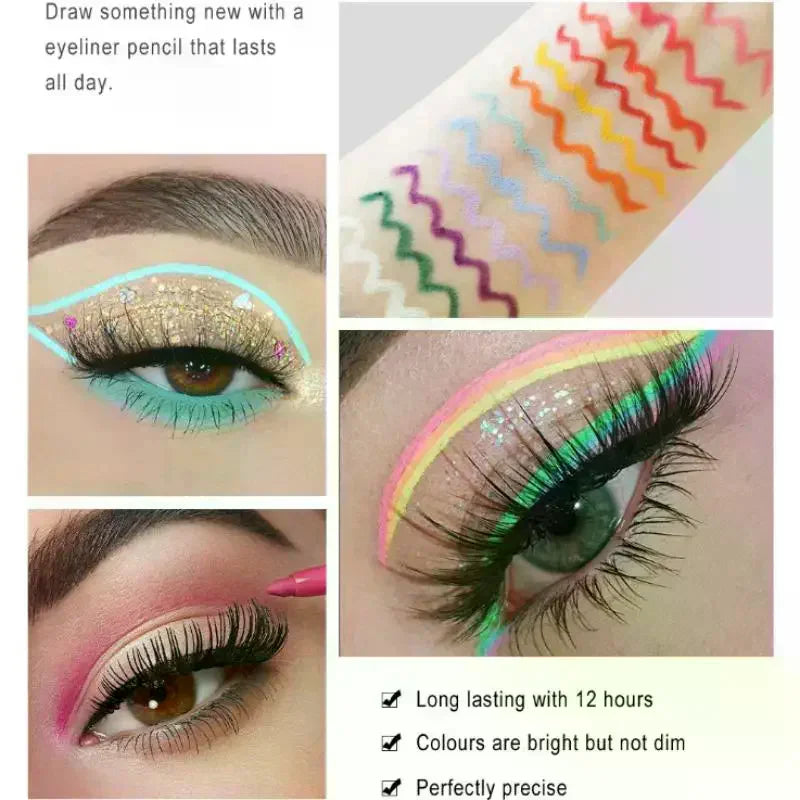 Colorful waterproof eyeliner pencil swatches and creative eye makeup looks with glitter and neon lines.