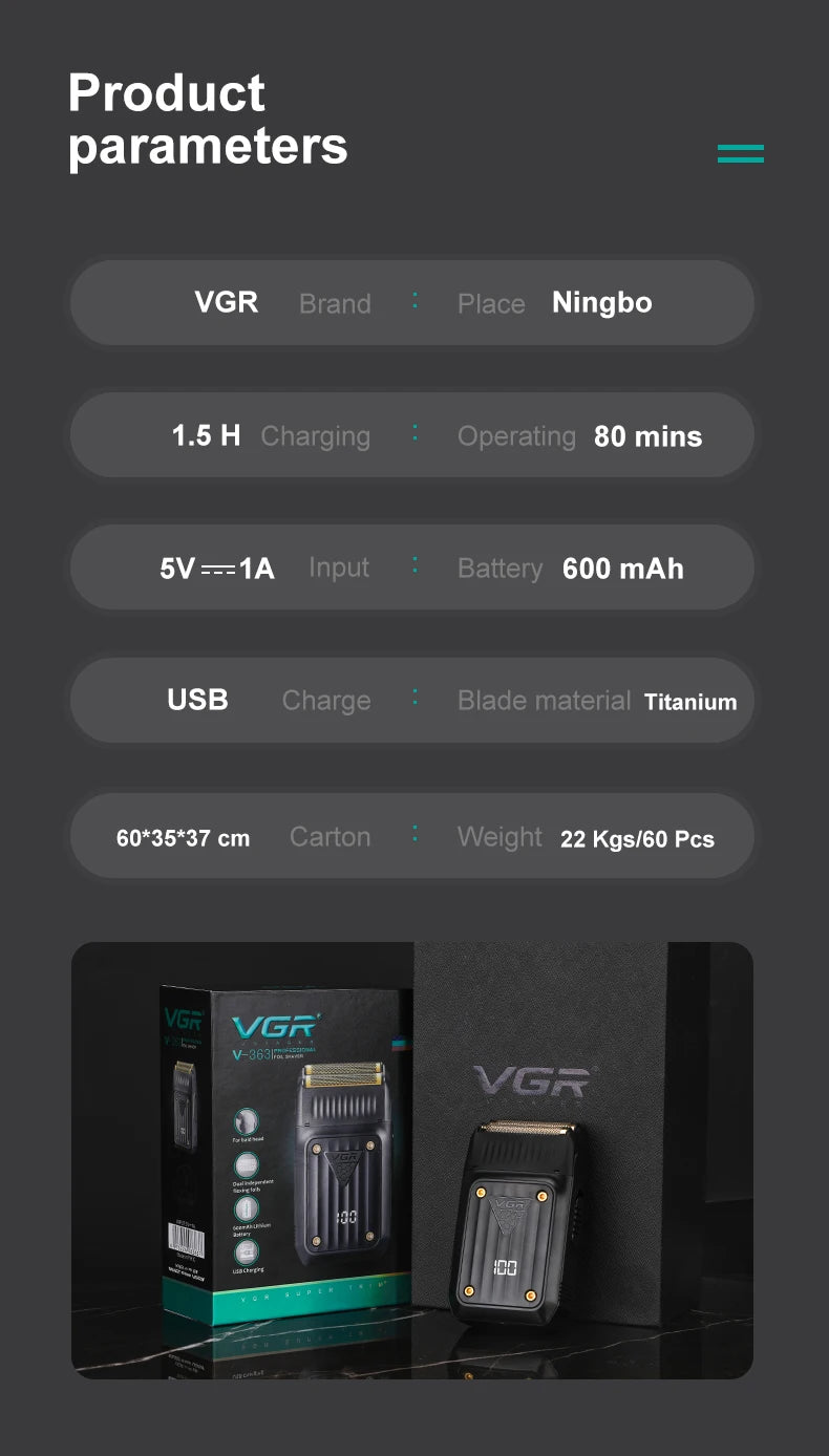 VGR V-363 Convenient Shaver Mini Body Men's Shaver Home Reciprocating Blade Shaver LED Digital High Endurance Whitening Device