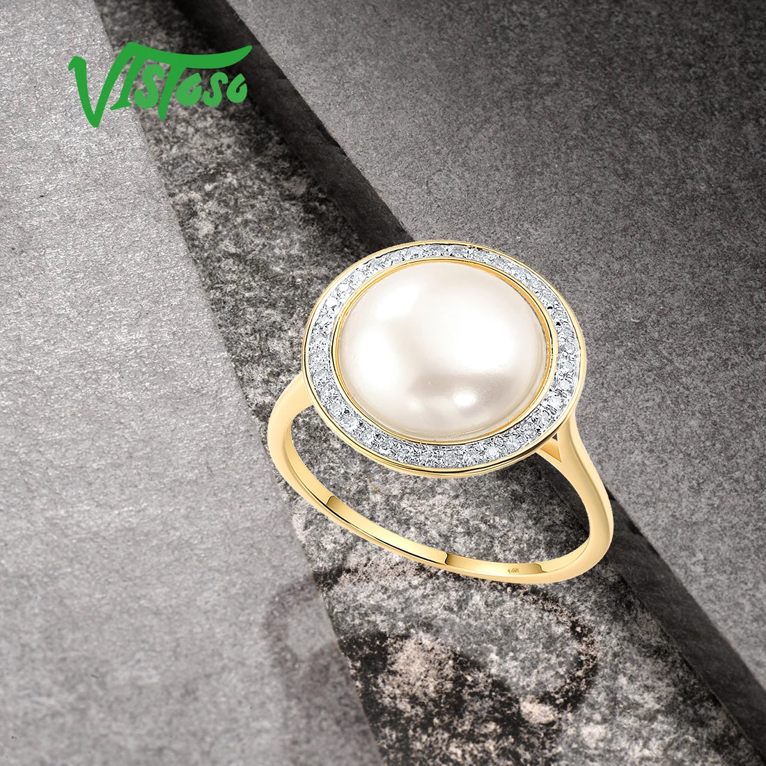 VISTOSO Authentic 14K 585 Yellow Gold Rings For Women Sparkling Diamond Fresh Water Pearl Round Wedding Set Trendy Fine Jewelry