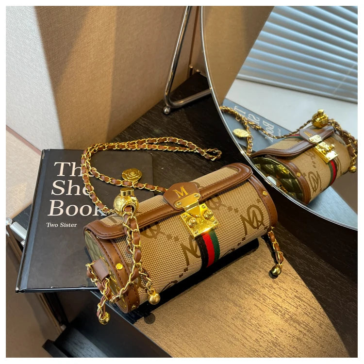 Fashionable Retro Summer Women's Chain Crossbody Bag Trendy Cylinder Bag Soft PU Leather Casual Style Small Size Korean Style