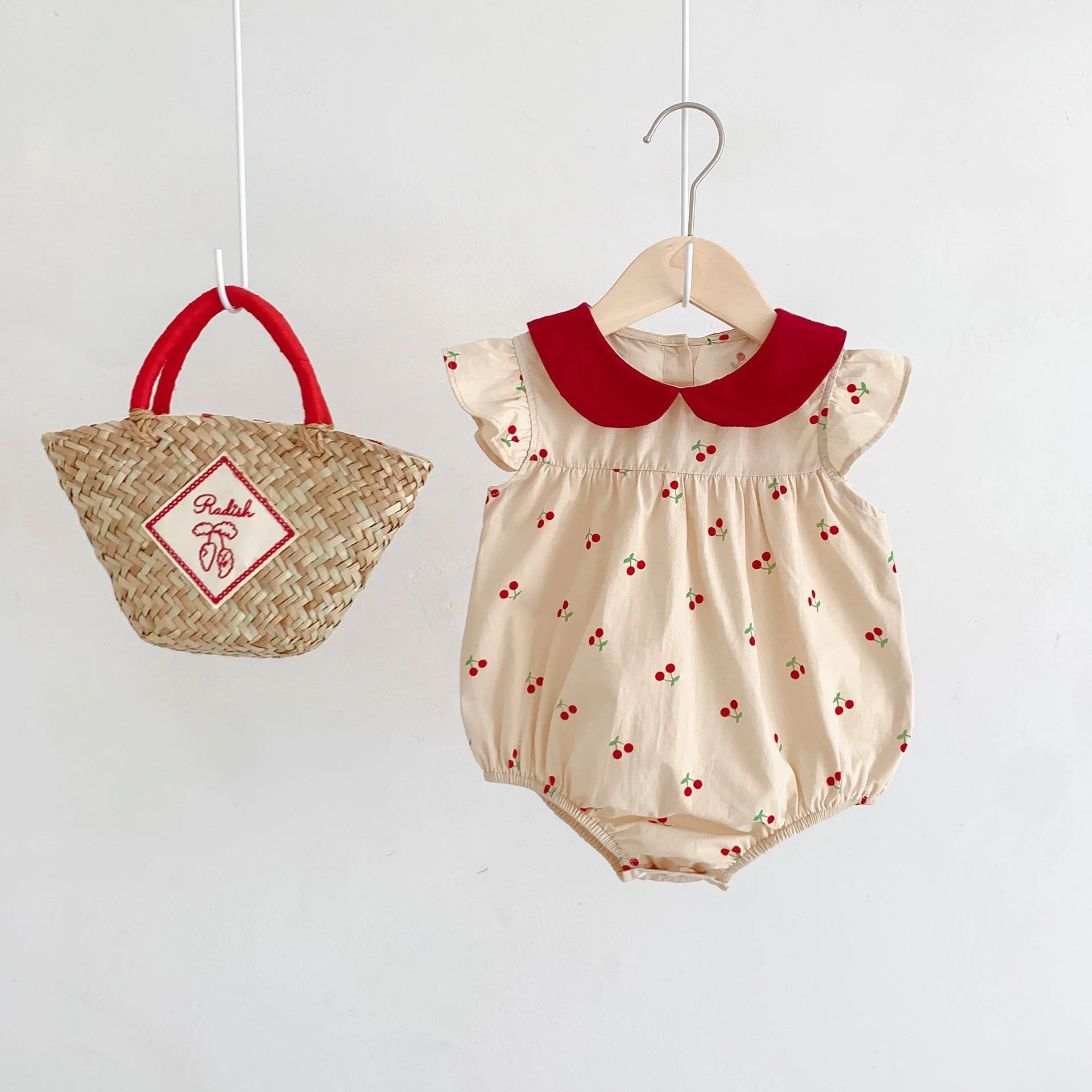 2026 Summer Baby Girls Bodysuit Full Of Cherry Print Toddler One Piece Sweet Peter Pan Collar Flying Sleeve Girls Clothes