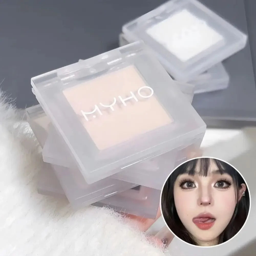 MYHO compact powder makeup with model showcasing flawless, natural finish
