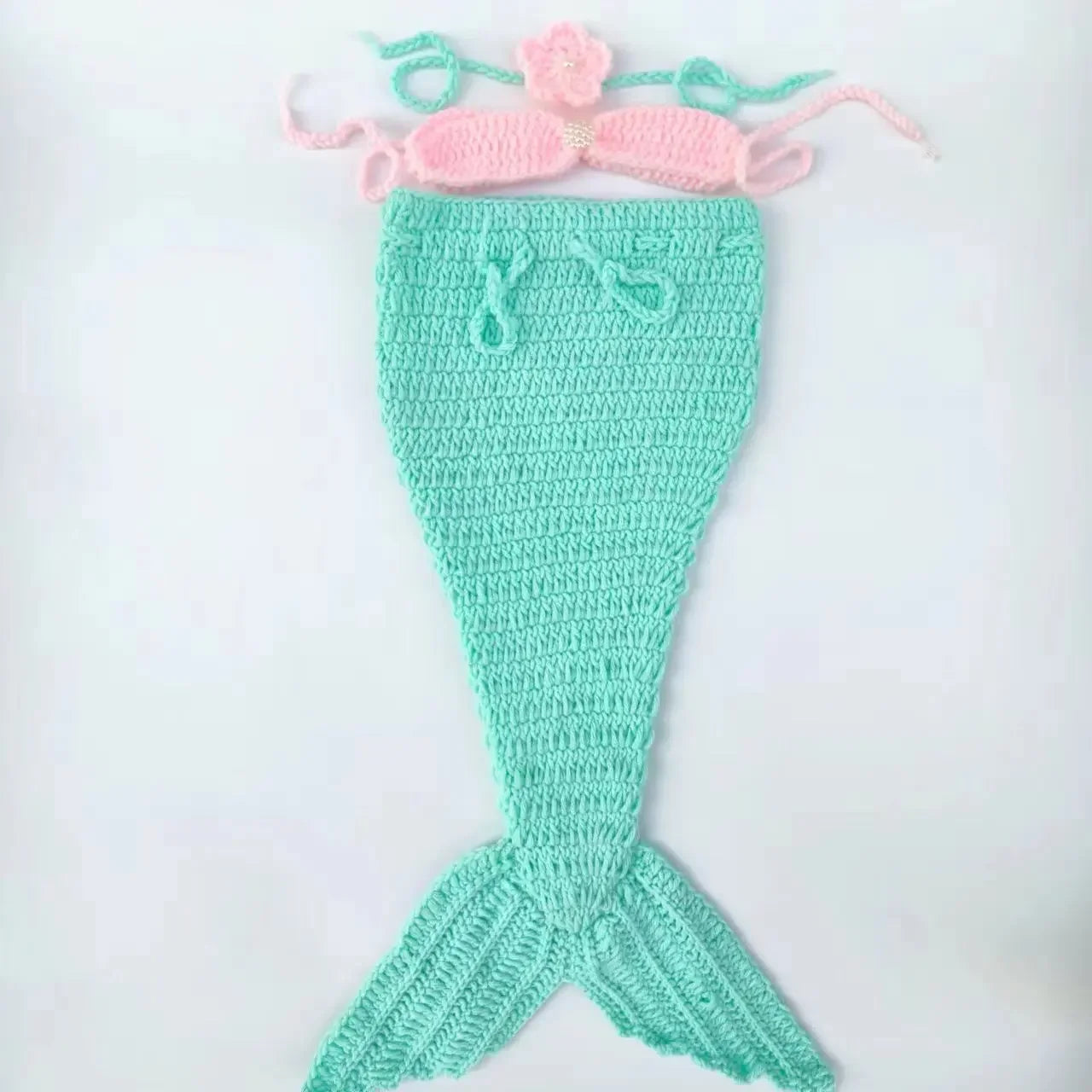 Light Blue Knitted Mermaid 3pc Set Headwear Fish Tail Top Newborn Garment Infant Studio Portrait Shooting Basic Photography Wear
