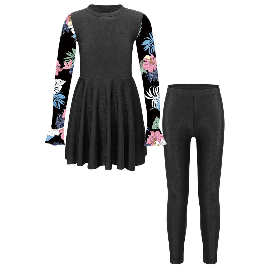 Girls Swimsuits 2 Piece Rash Guard Set UPF 50 Sun Protection Long Sleeve Swim Dress with Leggings Kids Full Body Cover Beachwear