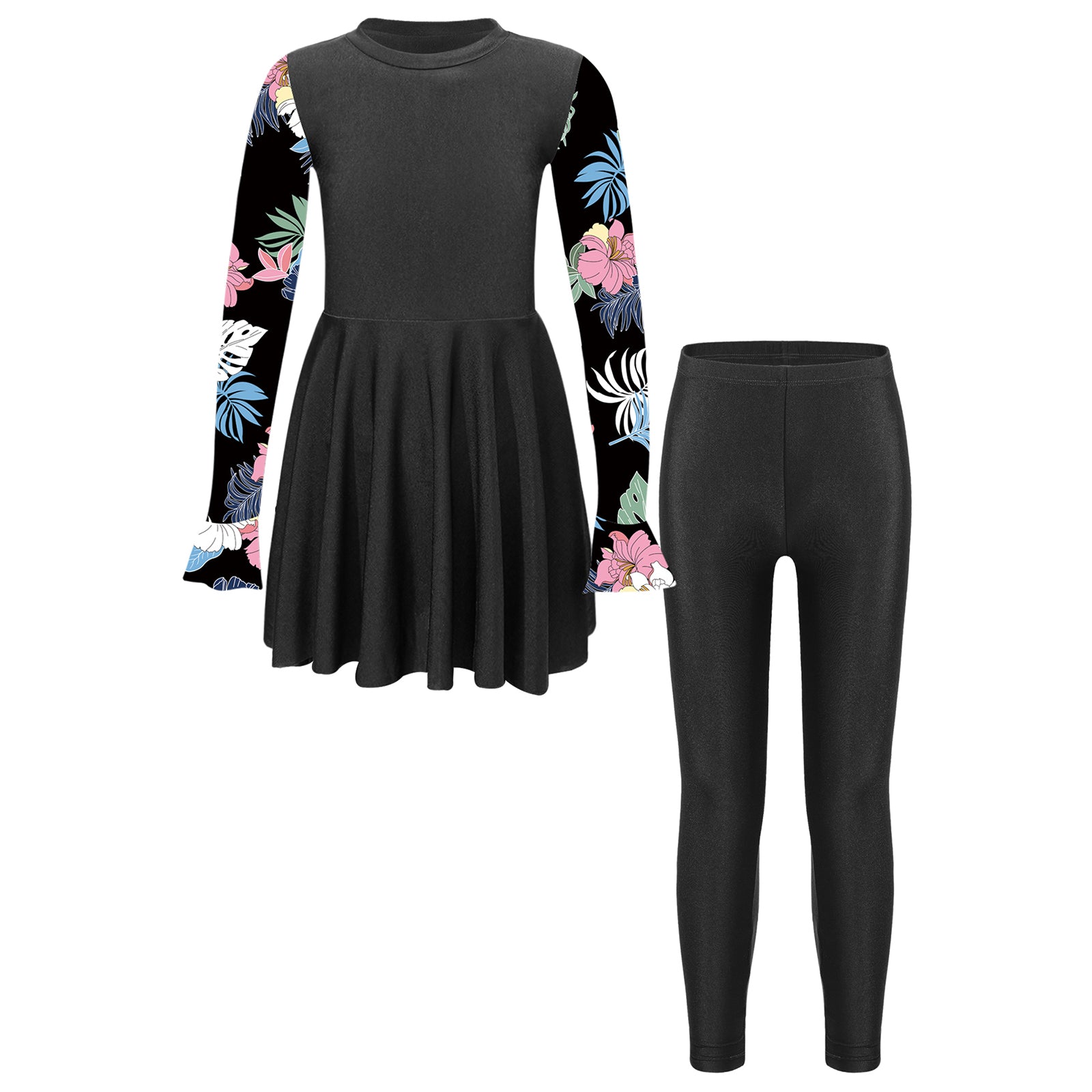 Girls Swimsuits 2 Piece Rash Guard Set UPF 50 Sun Protection Long Sleeve Swim Dress with Leggings Kids Full Body Cover Beachwear