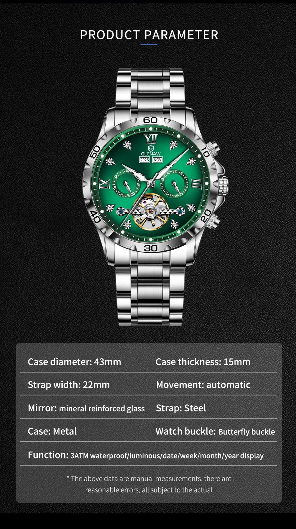 Glenaw high-end business fully automatic mechanical multi-functional men's watch trendy fashion waterproof watch