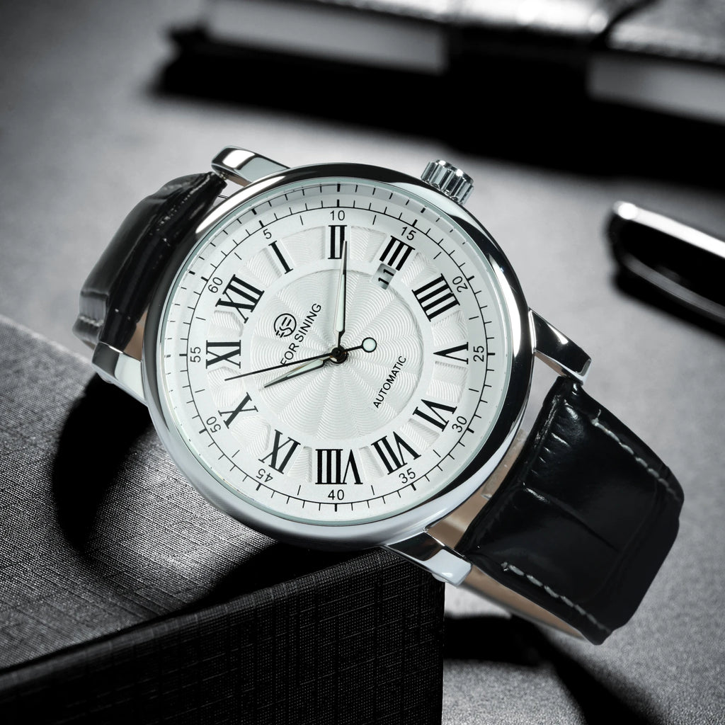 Forsining Classic Business Automatic Mens Watch Calendar Luxury Brand Brown Leather Strap Fashion Rose Gold Mechanical Watches