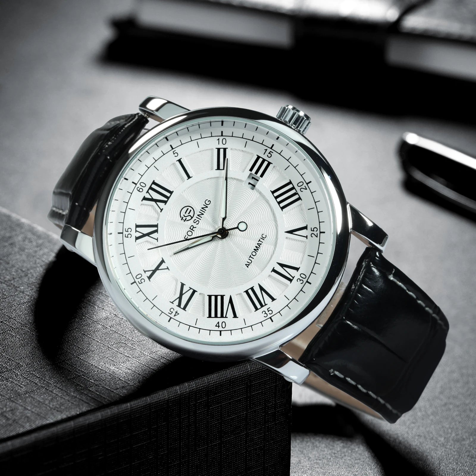 Forsining Classic Business Automatic Mens Watch Calendar Luxury Brand Brown Leather Strap Fashion Rose Gold Mechanical Watches