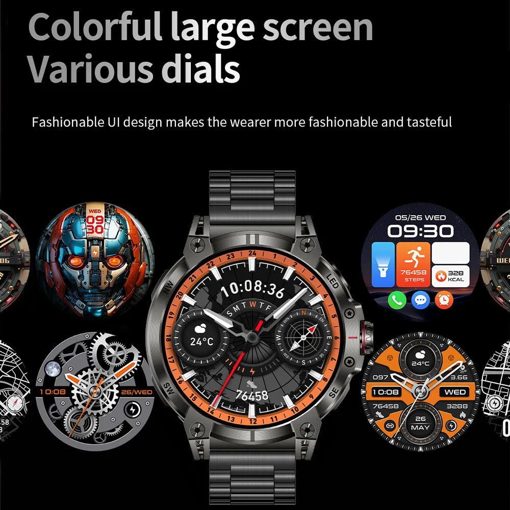 Military smartwatch men,760mAh Bluetooth call,LEDflashlight,compass,1.85HD Large screen,heart rate.blood pressure,IP68waterproof