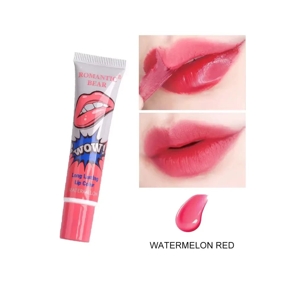Watermelon red long lasting lip color tube with before and after lip tint application.